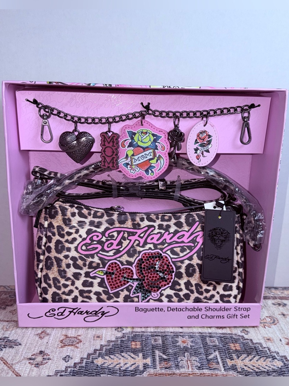 Ed Hardy Leopard Print Baguette Bag with Pink Script and Red Rose Detail